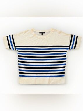 Banana Republic 100% Merino Wool Short Sleeve Sweater XS Striped Black BlueCream
